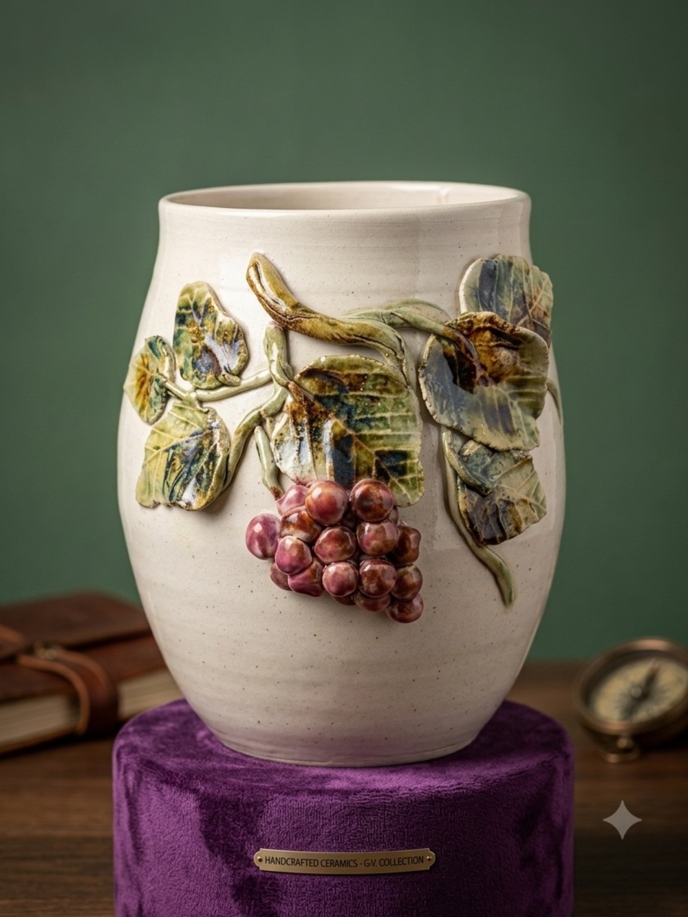 Signed Canadian Pottery Vase | 3D Grape Vine Ceramic by George Hsiung